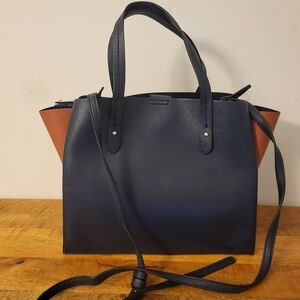 Gap Faux Leather Triple Compartment Cross-Body Satchel Navy and Brown